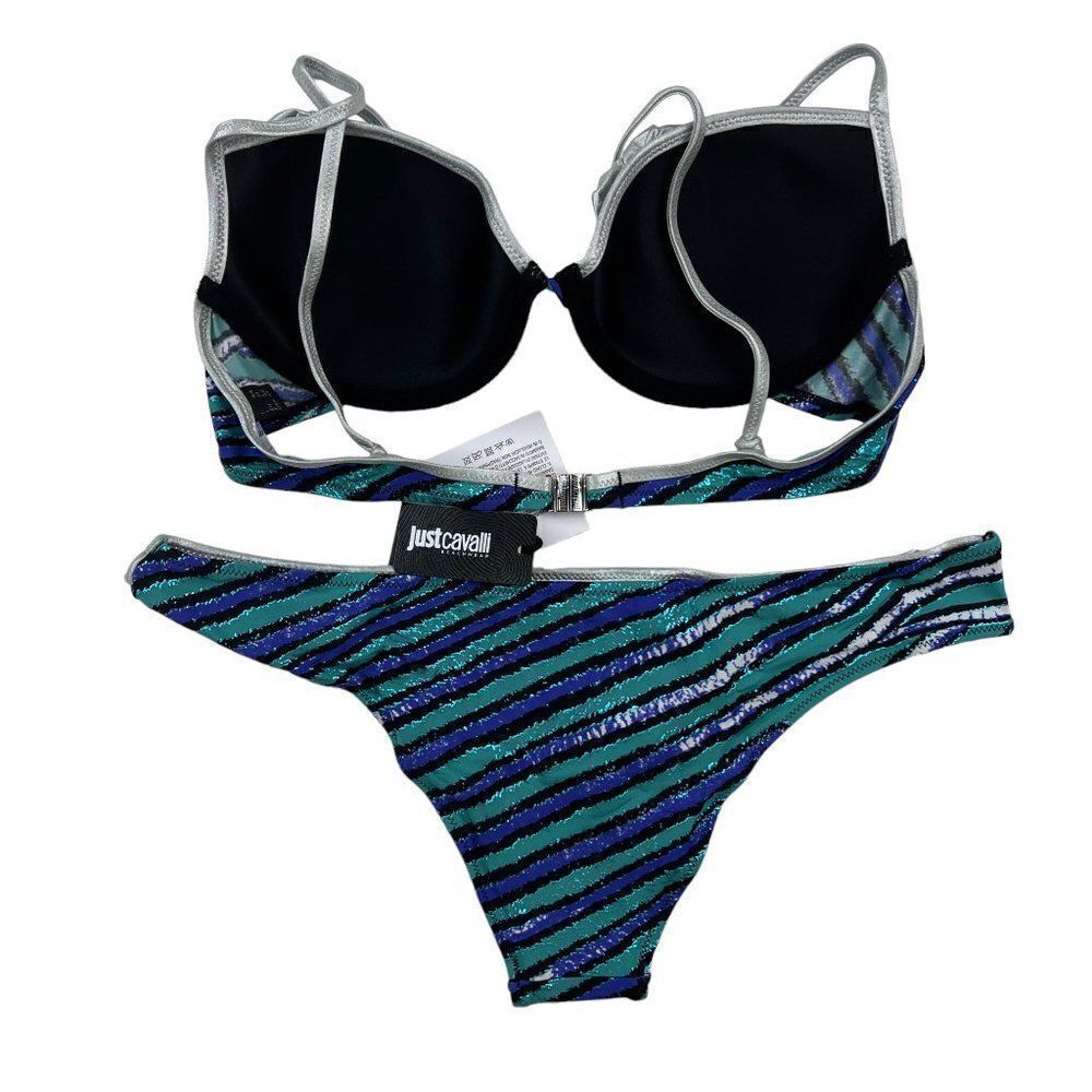 New Just Cavalli Women Stretch Bikini Blue Silver Push-Up Two Piece Swimsuit - Picture 11 of 12